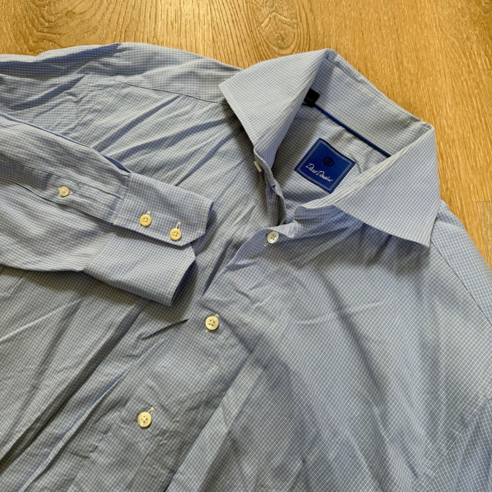 David Donahue Dress Shirt Mens 15.5 34/35 Blue Micro Check‎ Cotton Spread Collar